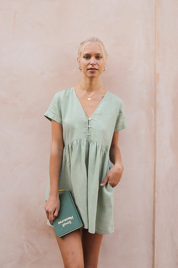 Shop Babydoll Linen Dress - Light Green | Summer Dresses - ROVE