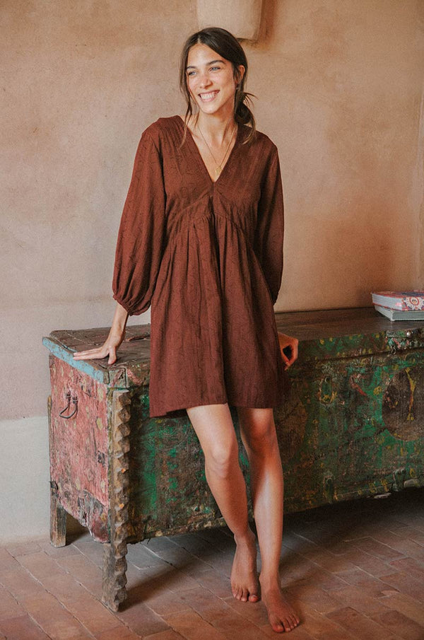 100% Textured Cotton Mini Dress in Dark Brown