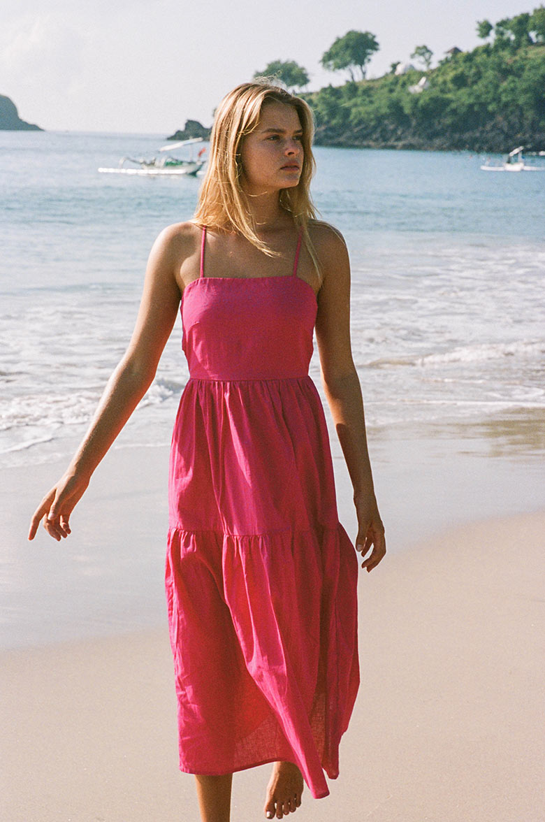 Fuchsia pink tiered midi dress