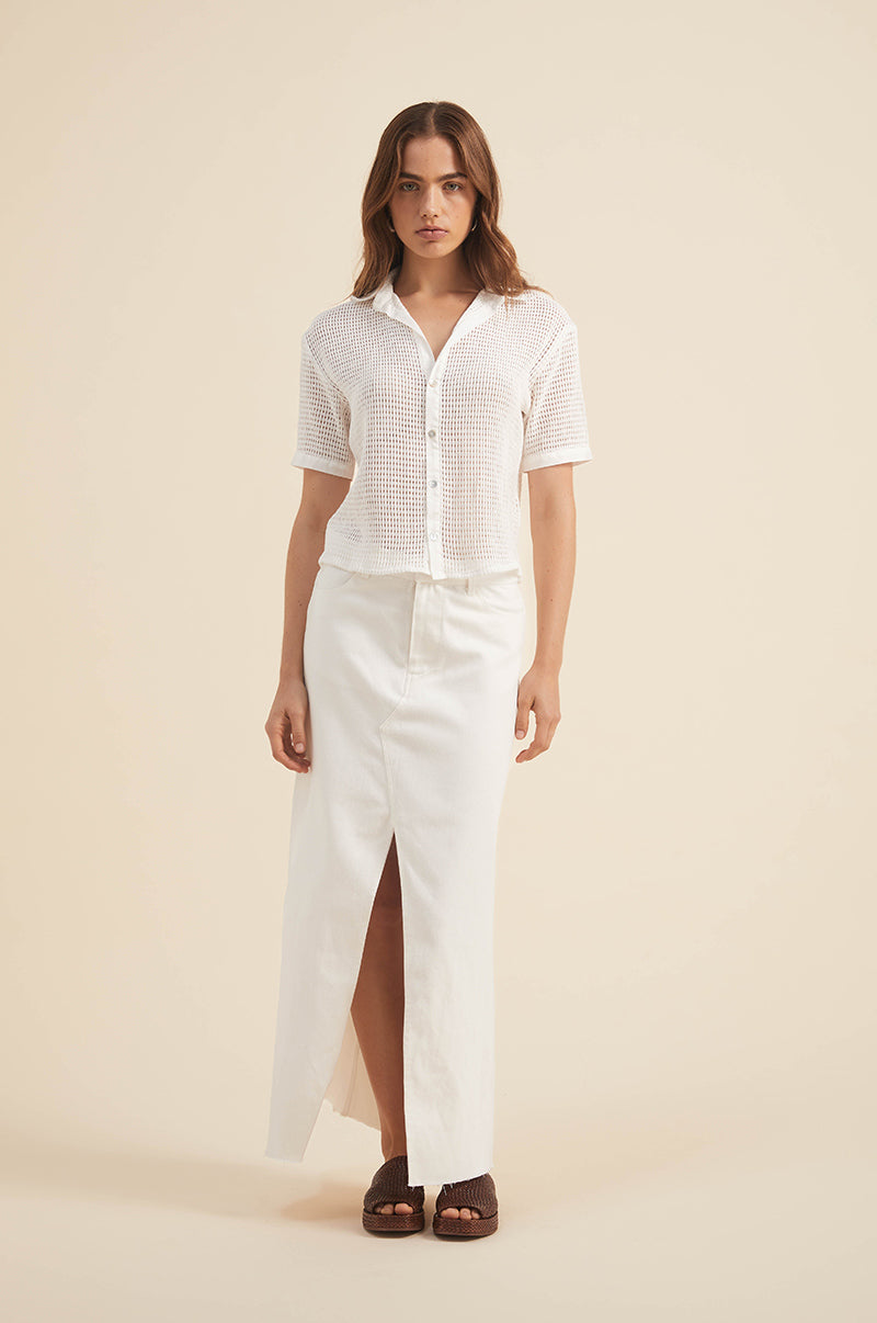 Soft-white cotton twill midi skirt - centre split