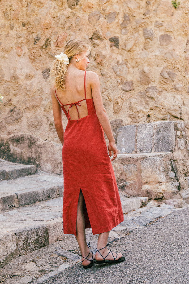 Red linen midi dress back tie