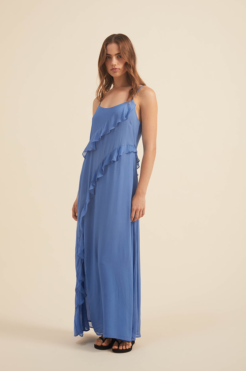 Blue maxi dress - scoop neckline and asymmetrical ruffles
