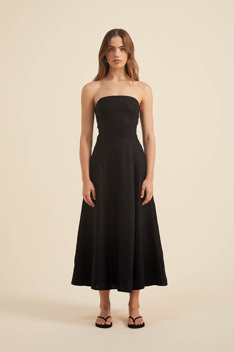 Black Linen Midi Dress - Strapless with Straight Neckline - ROVE Black Linen Midi Dress - Strapless with Straight Neckline - ROVE