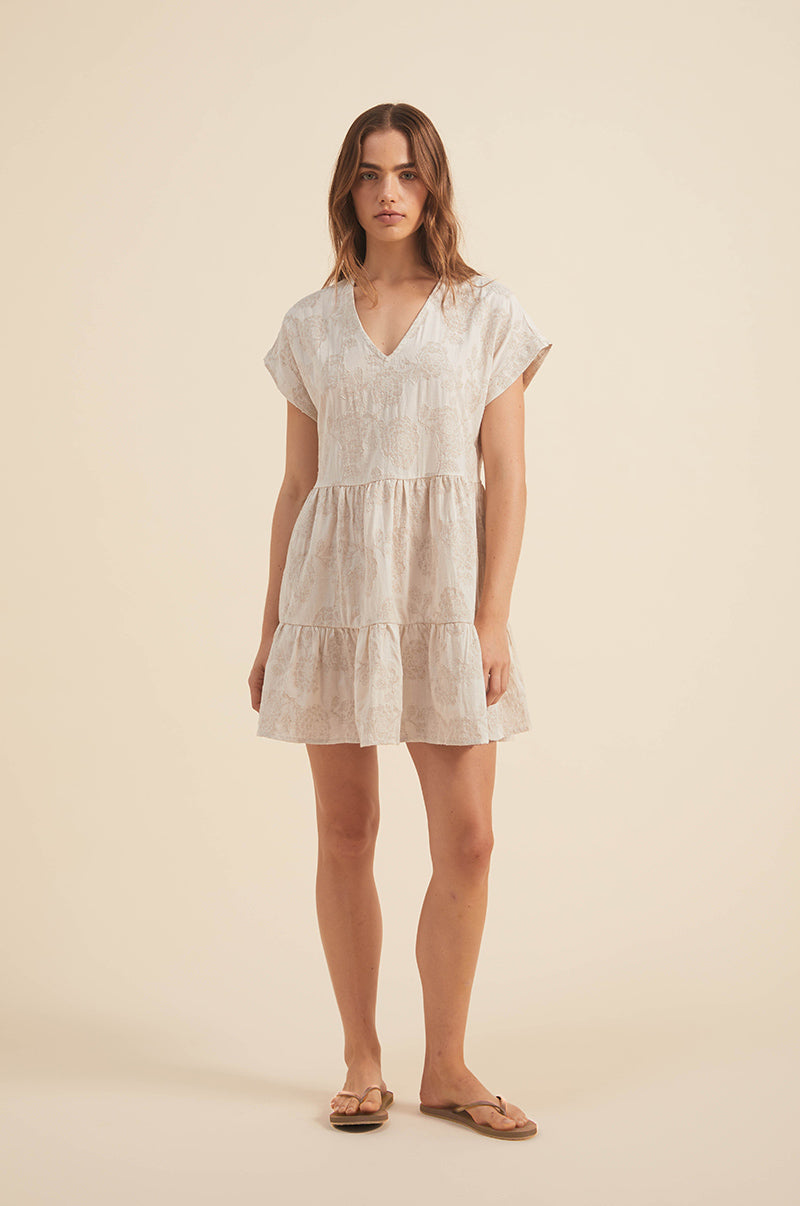 Three-tiered gathered skirt mini dress - Off-white