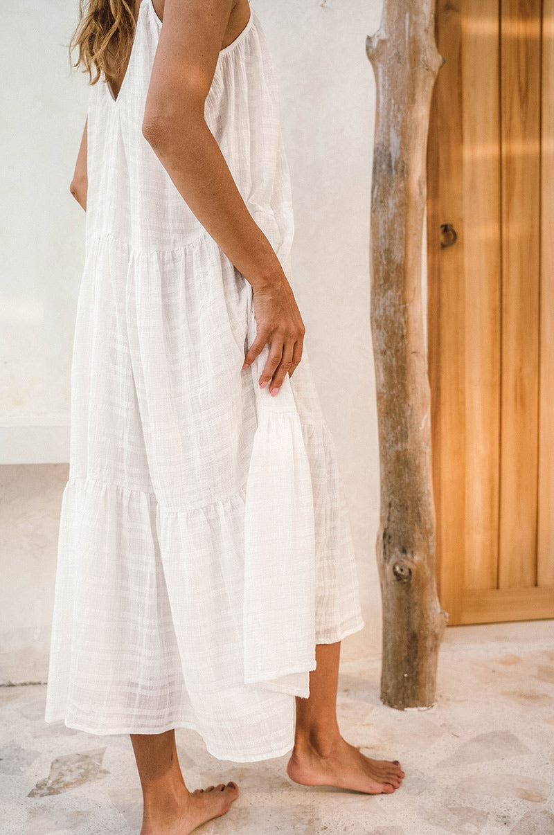 ethical white midi dress ROSEE de MATIN LACE HIGH-NECK MIDI DRESS IN White
