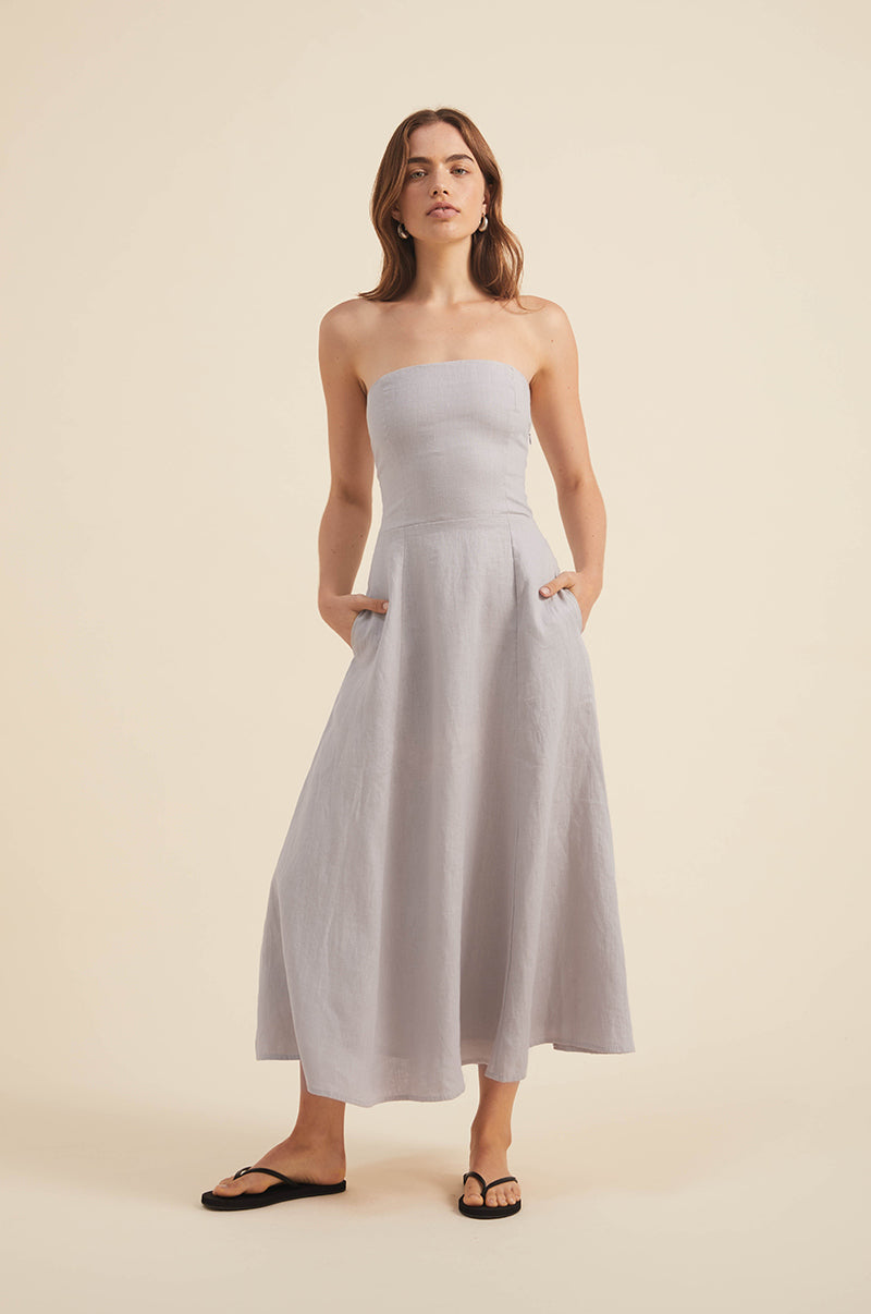 A-line midi dress with pockets - stone grey linen
