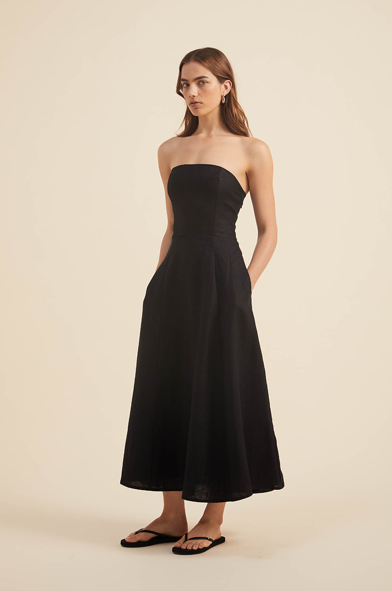 AMARA Midi Dress - Black linen - ROVE Designs