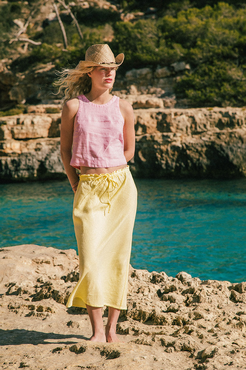 Lemon midi linen bias skirt
