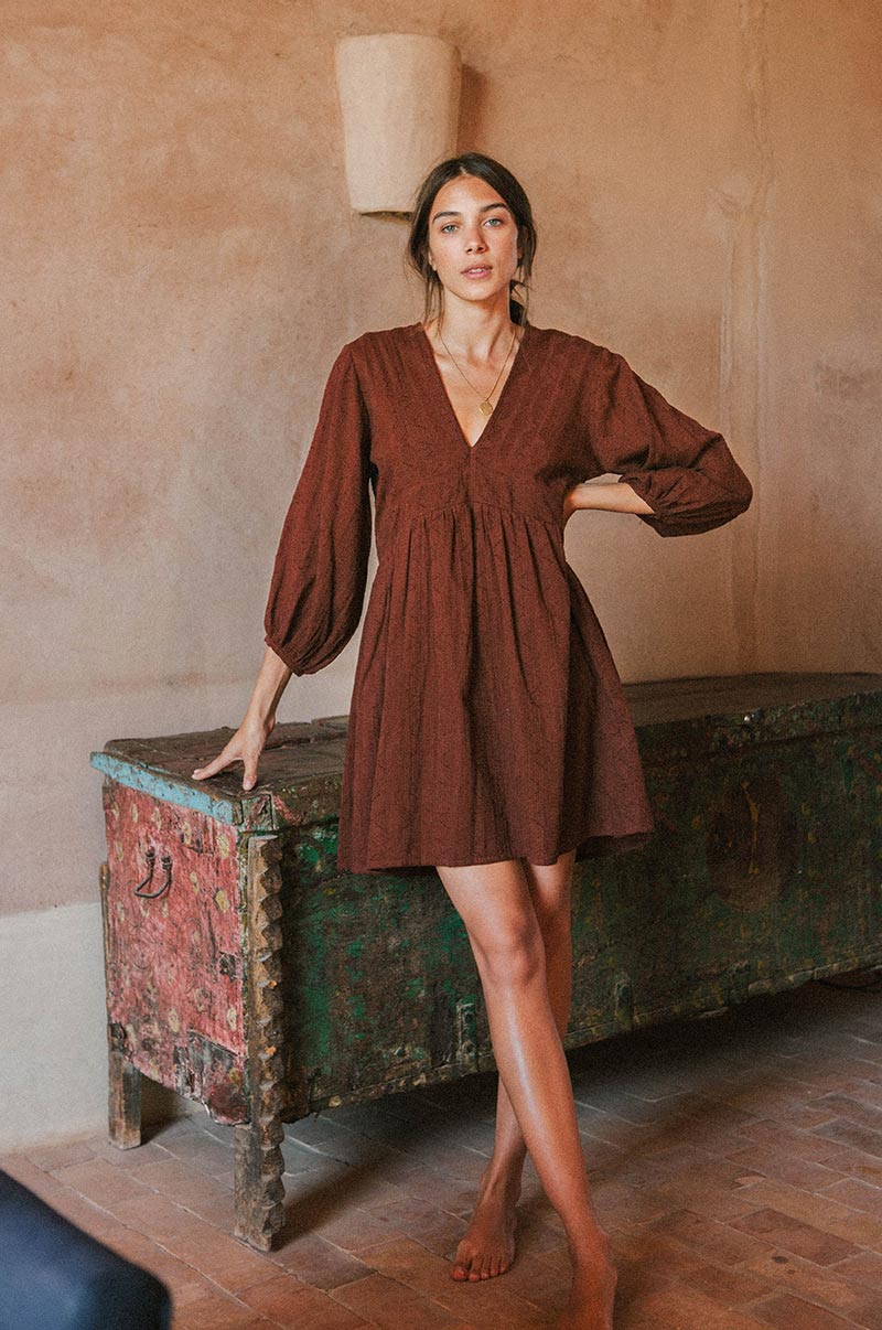 100% Textured Cotton Mini Dress in Dark Brown - ROVE 100% Textured Cotton Mini Dress in Dark Brown - ROVE