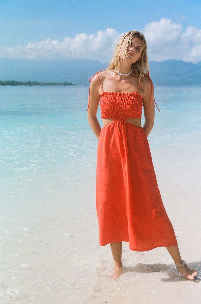 Coral linen cut-out midi dress