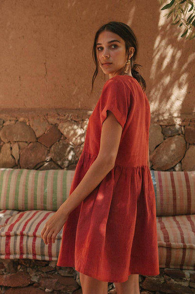 Warm Red Babydoll Dress in French Flax Linen - ROVE