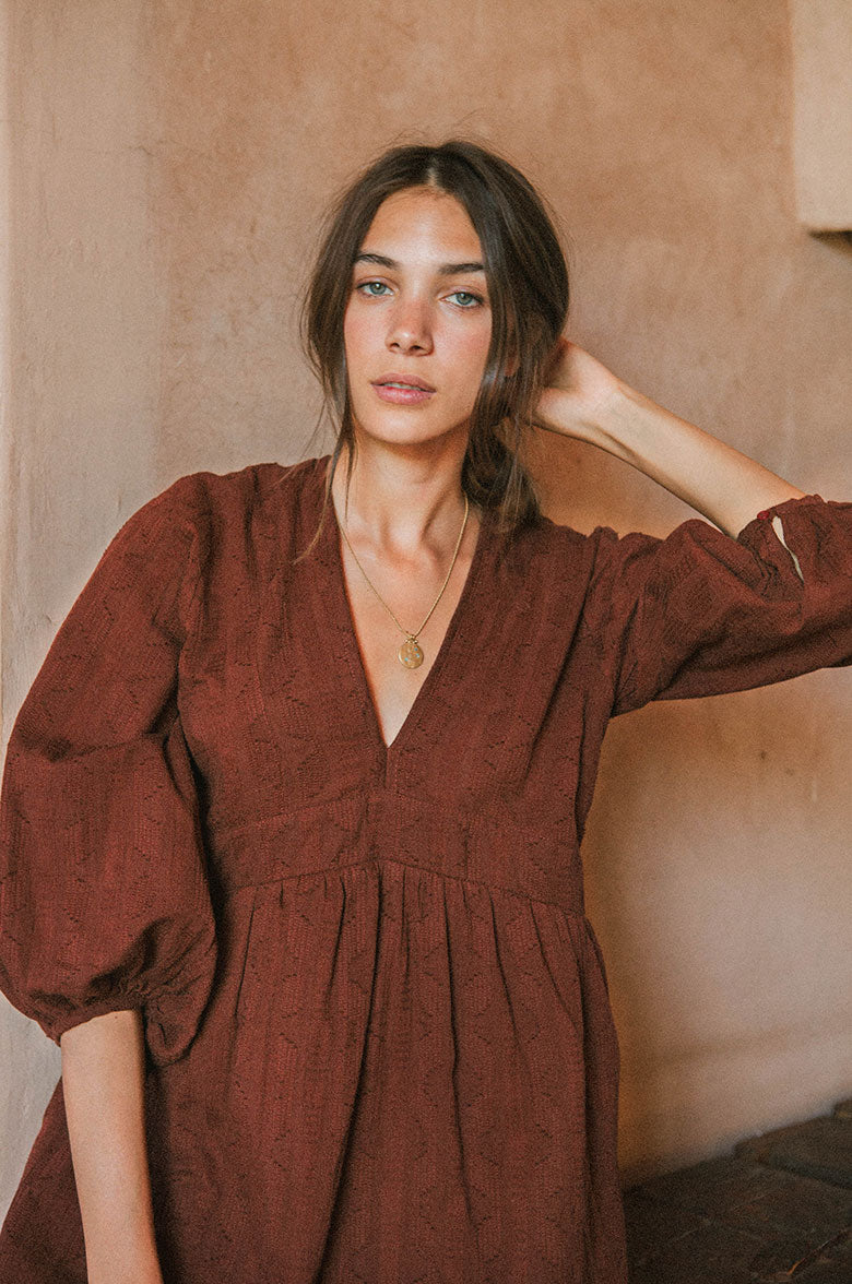 100% Textured Cotton Mini Dress in Dark Brown