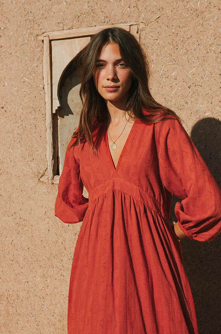 ALMA Midi Dress - warm red cotton