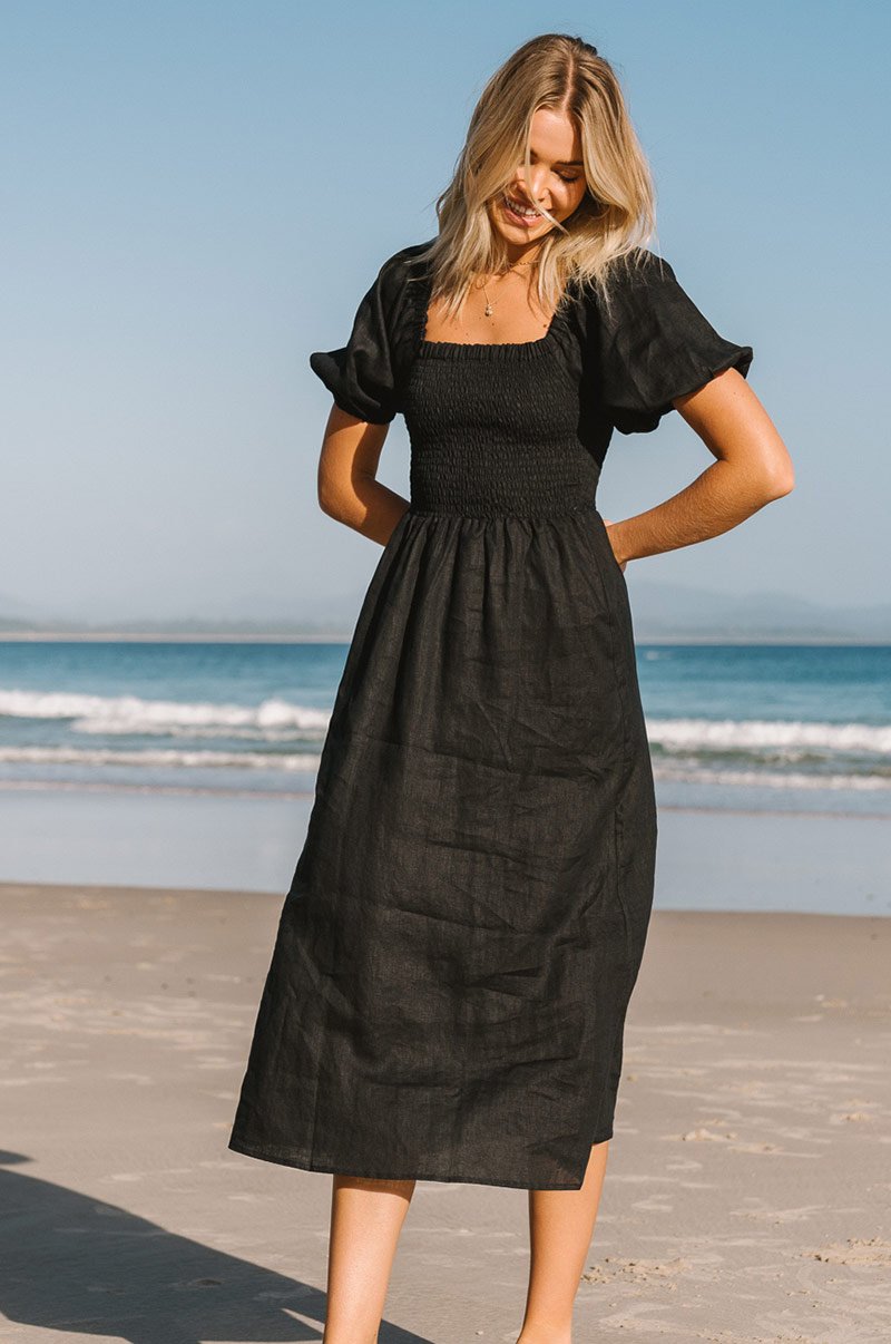 VOYAGE Midi Dress - black linen
