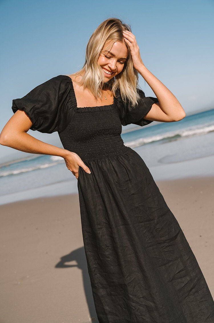 Black linen VOYAGE Midi Dress