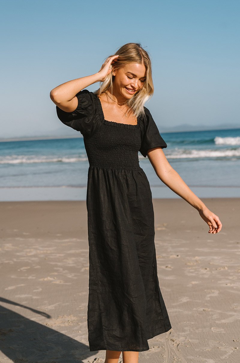 BLACK LINEN MIDI DRESS - Shop Ethically | ROVE Australia BLACK LINEN MIDI DRESS - Shop Ethically | ROVE Australia