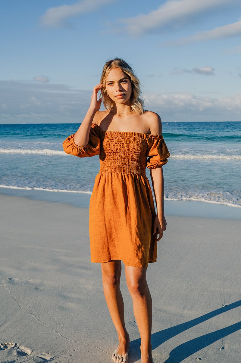 VOYAGE Mini Dress - ochre linen